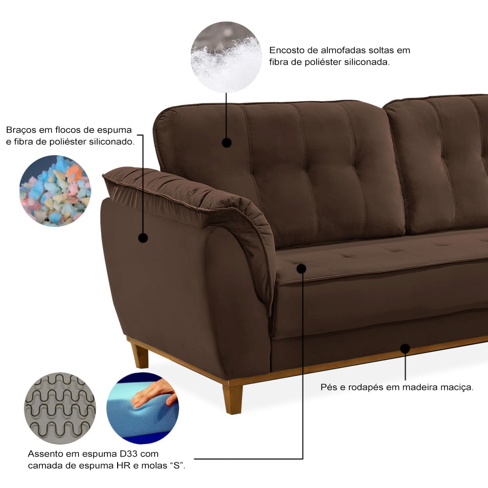 Sofá Neon 03 lugares 2,07, Revestimento Veludo Jurerê, Pé Imbuia